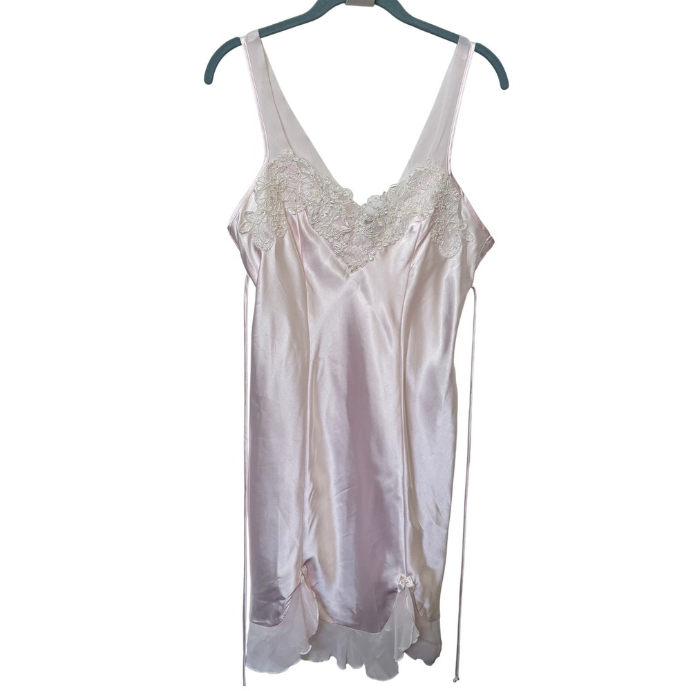 Linea Donatella Pink Satin Lace Pearl Ruffle Chemise Nightgown 50427 Size S